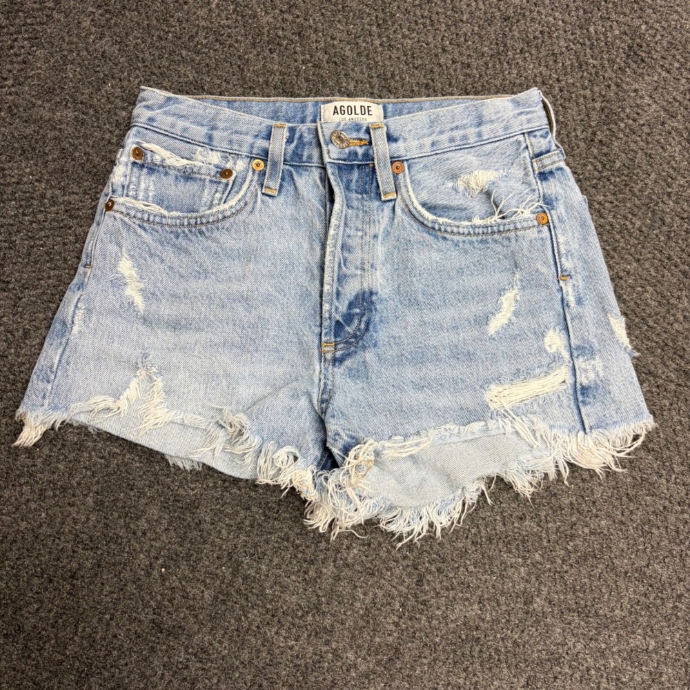 Agolde Parker High Rise Distressed Denim Shorts Light Wash Blue Size 23 Raw Hem